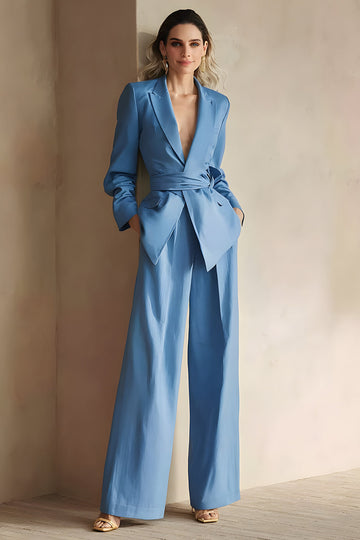 Blue 2 Piece Satin Peak Lapel Business Suits with Sash